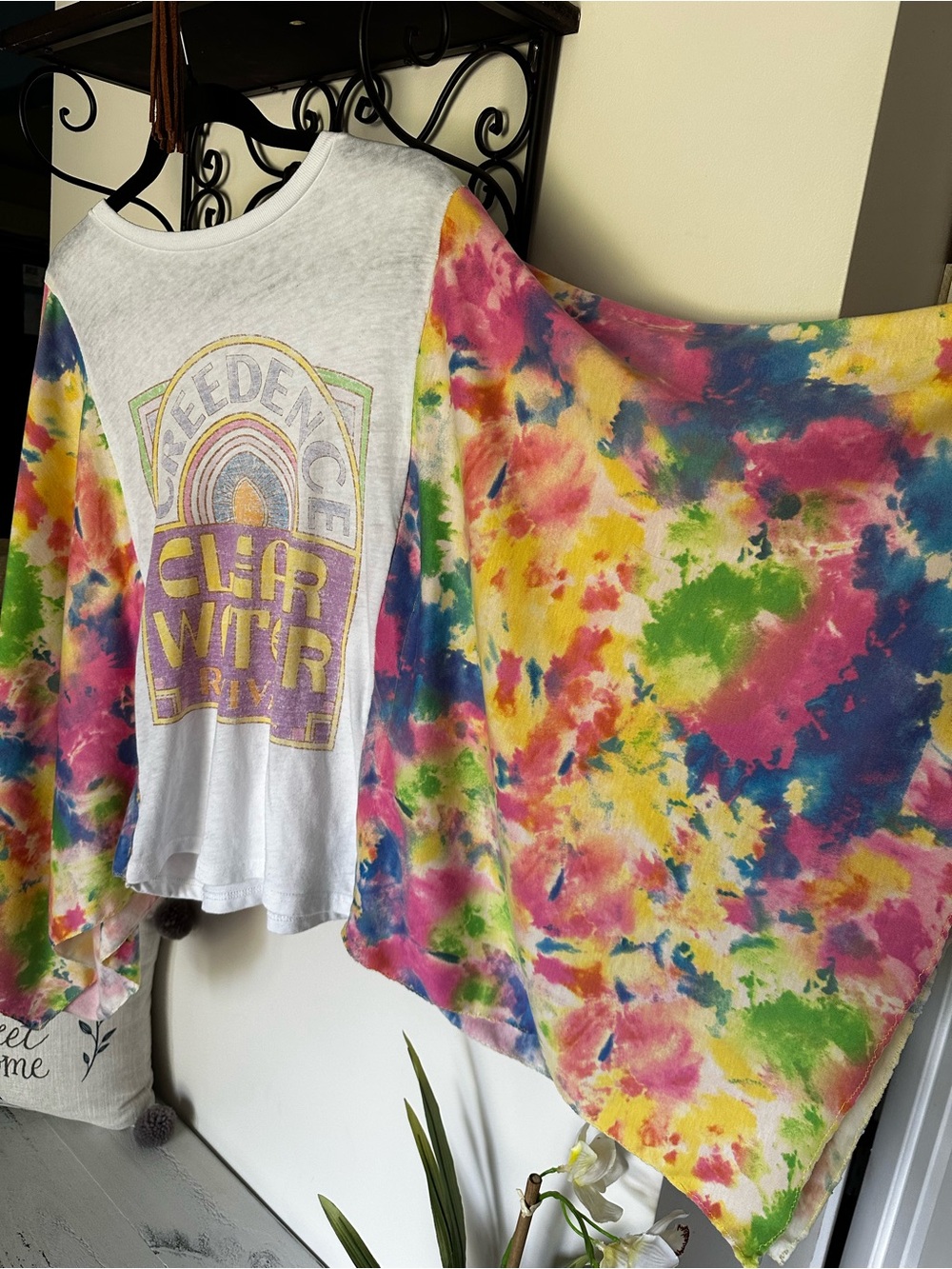 Lucky Brand White upcycled band Tee with CCR Graphic and tie dye sleeves